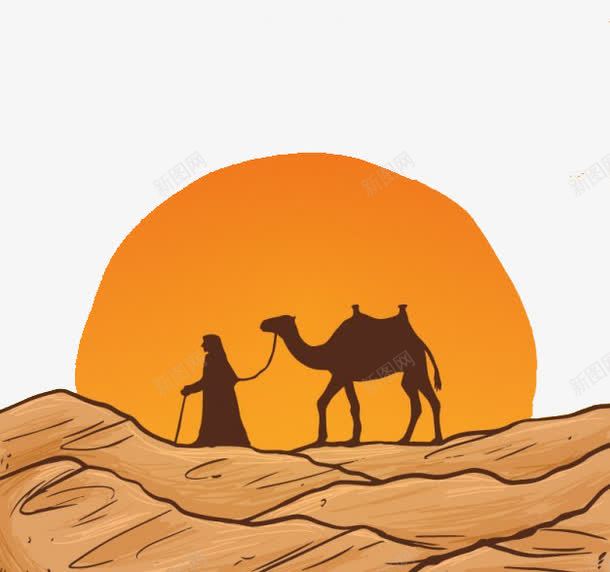 沙漠png免抠素材_新图网 https://ixintu.com 人牵着骆驼 剪影 卡通 夕阳 手绘 沙漠 黄色