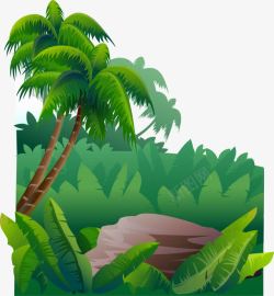 平面风景卡通手绘翠绿椰树丛林石头高清图片