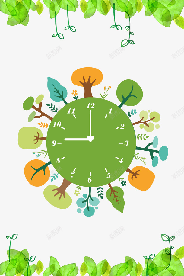 绿色创意地球一小时时钟海报背景psd免抠素材_新图网 https://ixintu.com 3月31 创意设计 地球一小时 时钟 树苗 环保 绿色