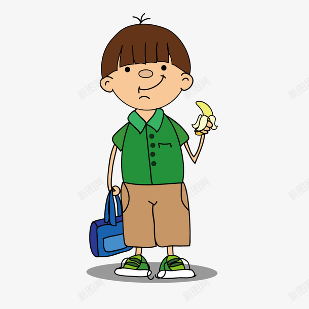 吃着香蕉的男孩矢量图ai免抠素材_新图网 https://ixintu.com 卡通人物 卡通头型 开学季 拿着手提包的男孩 矢量图 绿色衬衫 西瓜头