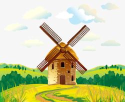 风车PNG图卡通手绘复古城堡风车房子背景装矢量图高清图片