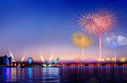 礼花与城市夜景图片唯美喜庆海报背景高清图片