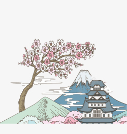 日本树矢量素材卡通手绘日本富士山樱花树装高清图片