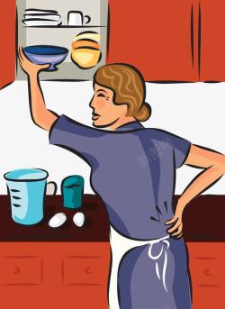 腰疼家庭主妇厨房碗柜插画高清图片