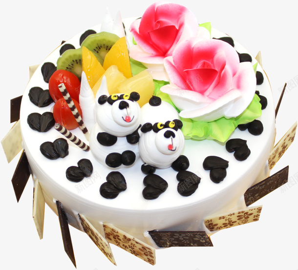 快乐熊猫水果蛋糕png免抠素材_新图网 https://ixintu.com 奶油熊猫 巧克力装饰 水果蛋糕 生日蛋糕