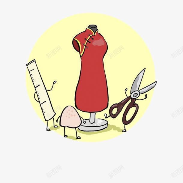 老上海旗袍png免抠素材_新图网 https://ixintu.com 创意 剪刀 手绘 旗袍 裁缝
