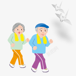 立体纸鹤晨跑的老年夫妇卡通手绘高清图片