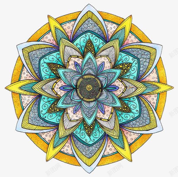 许多对称六角形和圆盘组成的彩绘png免抠素材_新图网 https://ixintu.com 六角形 对称 彩绘 玻璃装饰 蓝色圆环 黄色