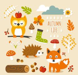 秋季猫头鹰秋季森林元素贴纸片矢量图高清图片