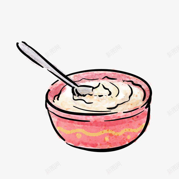 水彩绘酸奶png免抠素材_新图网 https://ixintu.com 勺子 卡通酸奶 水彩绘 红色小碗 背景装饰 食物