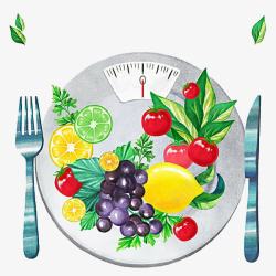 节食减肥手绘水果餐盘和体重秤高清图片