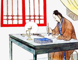 手绘中国风灯下写字的读书人素材