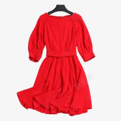 七分袖圆领修身红色裙子素材