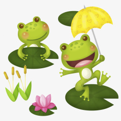 卡通蛙卡通荷叶上撑伞青蛙高清图片