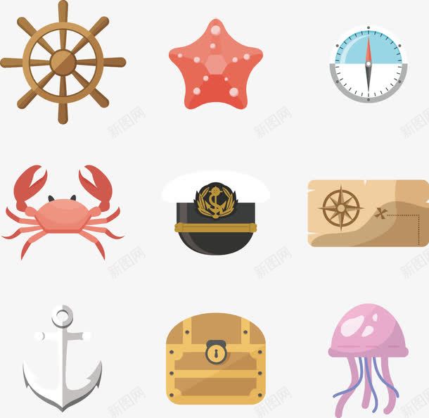 手绘海洋元素图标png_新图网 https://ixintu.com 可爱 手绘 水母 海星 海洋 船锚 螃蟹