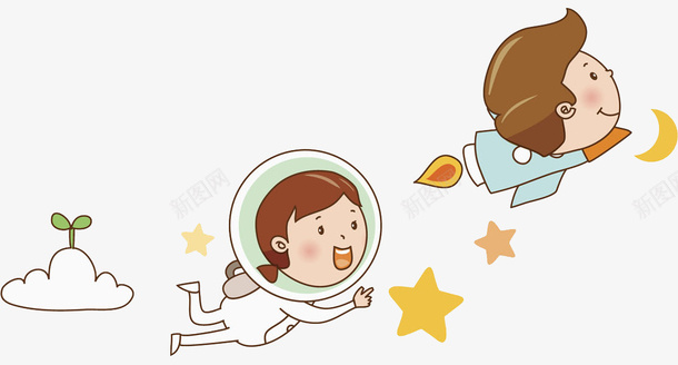 太空中的孩子png免抠素材_新图网 https://ixintu.com 云彩 五角星 儿童 卡通 宇航员 宇航服 火箭 高兴