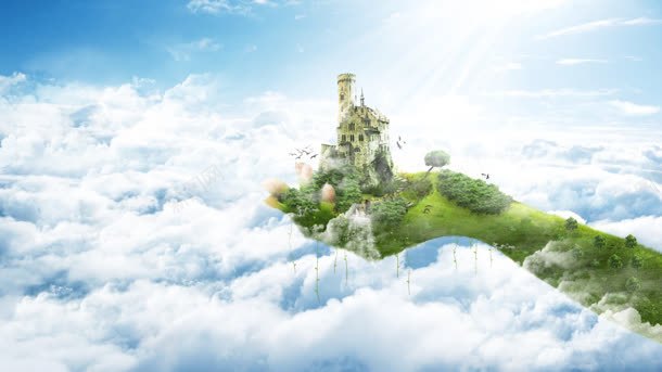 云层上的绿色浮空岛海报背景背景
