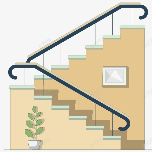 卡通房屋楼梯和绿植png免抠素材_新图网 https://ixintu.com 卡通 房屋楼梯 栅栏 植物 楼上 特色楼梯间 盆栽 绿植 走