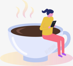 扁平化读书手绘卡通女人坐在咖啡杯上读书高清图片