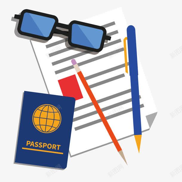 出国护照和眼镜简图png免抠素材_新图网 https://ixintu.com 出国护照 卡通 手绘图 眼镜 签证办理 纸张 铅笔