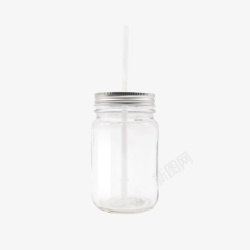 带吸管的透明玻璃带一根吸管的广口瓶实物高清图片