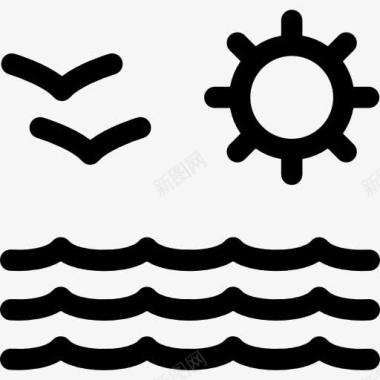 沙滩海景太阳和海鸥夫妇图标图标