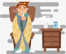 感冒卧床的男子卡通扁平男子感冒生病场景高清图片