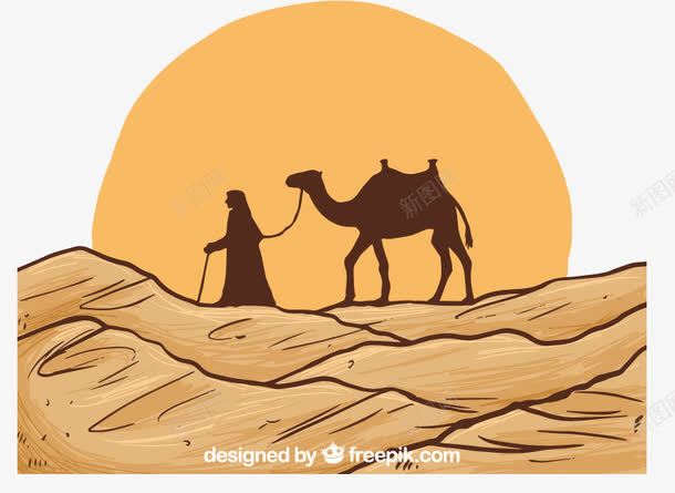 沙漠矢量图ai免抠素材_新图网 https://ixintu.com 手绘 手绘图 日落 沙 沙漠 绿洲 骆驼 矢量图