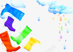 水彩手绘雨靴雨水素材