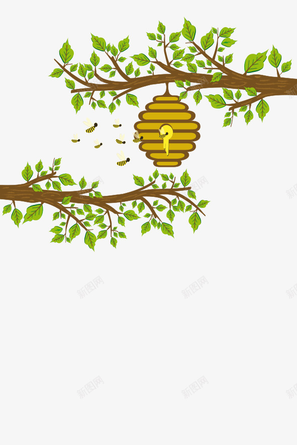 手绘插图树枝叶与蜜蜂和蜂巢png免抠素材_新图网 https://ixintu.com 卡通插图 手绘 枝干 树叶 树叶枝 树枝 蜂巢 蜜蜂