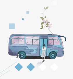 蓝色大巴车卡通手绘坐公交车的女孩高清图片
