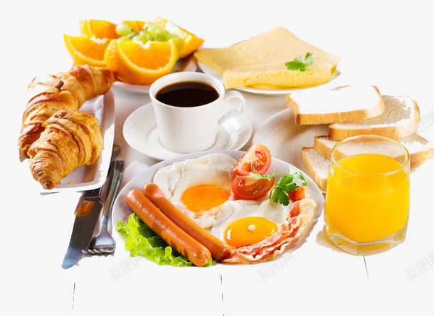 面包煎蛋香肠橙汁png免抠素材_新图网 https://ixintu.com 咖啡 早点 餐桌上的食物