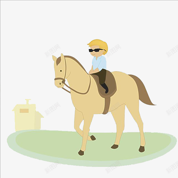 手绘卡通人物带着墨镜骑马的png免抠素材_新图网 https://ixintu.com 动物 卡通手绘 戴墨镜的人 牵马 男人 草原骑马 运动 骑马