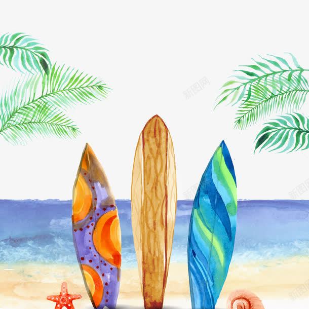 沙滩上的彩色冲浪板png免抠素材_新图网 https://ixintu.com 冲浪板 划桨板 夏季装饰 大海 手绘冲浪板 沙滩 绿色叶子