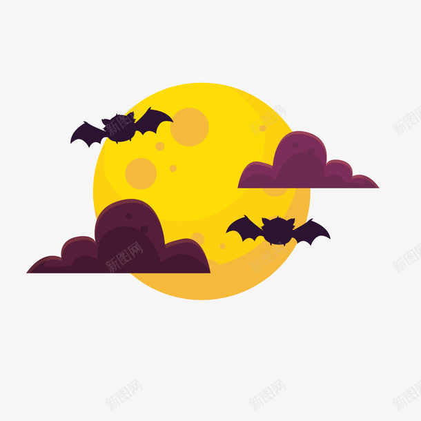夜空中的蝙蝠png免抠素材_新图网 https://ixintu.com 万圣节 卡通 背景装饰 蝙蝠 黄色月亮 黑色云朵