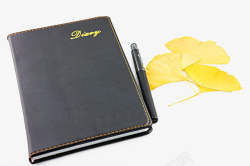 黄色皮质背景银杏叶皮质笔记本高清图片