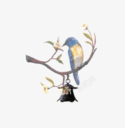 手绘树枝风铃与鸟装饰素材