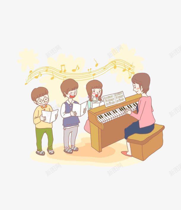 老师教小朋友弹钢琴png免抠素材_新图网 https://ixintu.com 卡通 小朋友 钢琴 音乐