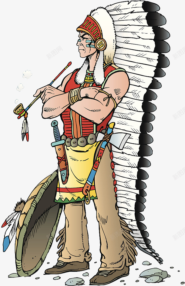 卡通双手抱胸的印第安人png免抠素材_新图网 https://ixintu.com 人物插图 卡通 印第安人 双手抱胸 手绘插画 抽烟袋