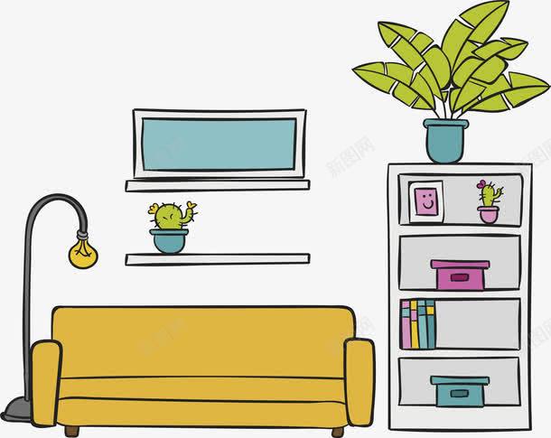 沙发和书柜png免抠素材_新图网 https://ixintu.com 书柜 客厅设计 手绘家具 矢量png 落地灯 黄色沙发