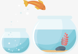 金鱼跳跃两个鱼缸卡通浅蓝金鱼鱼矢量图素材