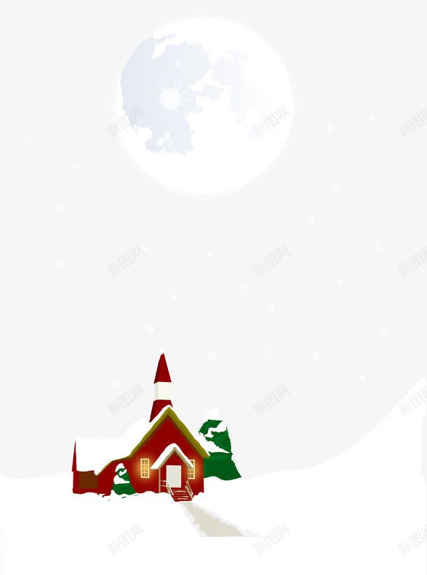 夜晚的雪红房子png免抠素材_新图网 https://ixintu.com 月亮 红房子 雪地 雪山坡 雪覆盖的房子