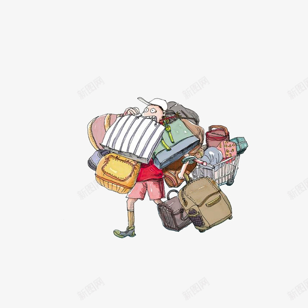 拿着一大堆行李的男子png免抠素材_新图网 https://ixintu.com 卡通漫画 戴帽子的男孩 拉行李箱的人 拿着一大堆行李的男子
