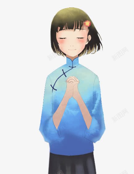 祈祷的女孩png免抠素材_新图网 https://ixintu.com 双手合十 手绘 蓝色 装饰