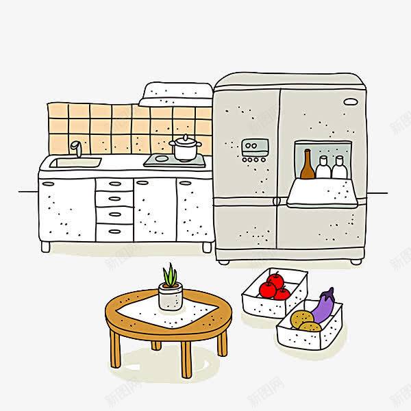 厨房插画png免抠素材_新图网 https://ixintu.com 冰箱 创意橱柜 厨房 插画 桌子 橱柜 茶几 蔬菜