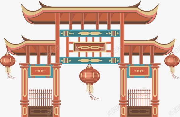 古代建筑png免抠素材_新图网 https://ixintu.com 古代建筑 屋顶 手绘 栅栏 流苏 灯笼 红色