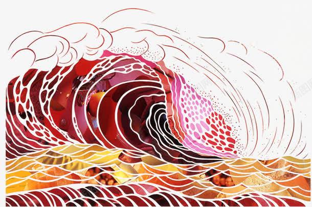 装饰画海浪png免抠素材_新图网 https://ixintu.com 和风 和风花纹 手绘 抽象 水纹 红色 线纹 装饰