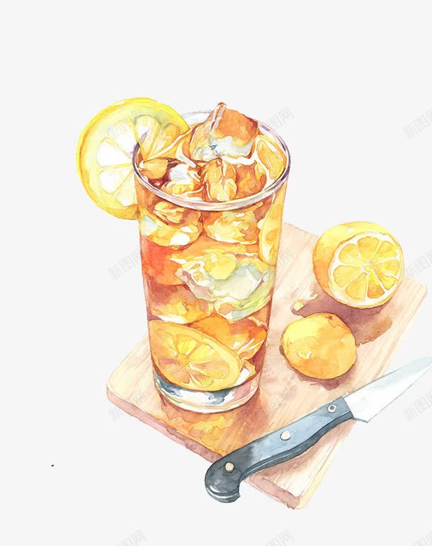 柠檬红茶png免抠素材_新图网 https://ixintu.com 冰块 卡通 手绘 柠檬 柠檬红茶 玻璃杯 红茶 菜板