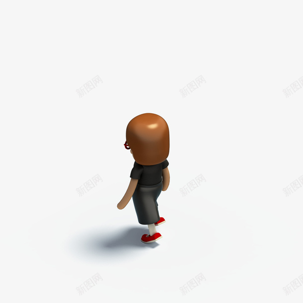 棕色头发的小人模型png免抠素材_新图网 https://ixintu.com 可爱 棕色头发 立体 等轴3D 红鞋 背面 高清 高端 黑色长裙