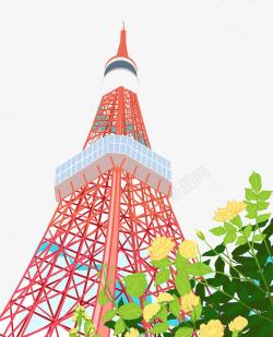 东京铁塔红色东京铁塔鲜花围绕高清图片